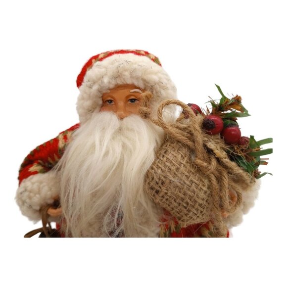 Old World Santa Claus in Red Coat Faux Fur Christmas Figure Bell Pinecone Sack - Picture 8 of 9